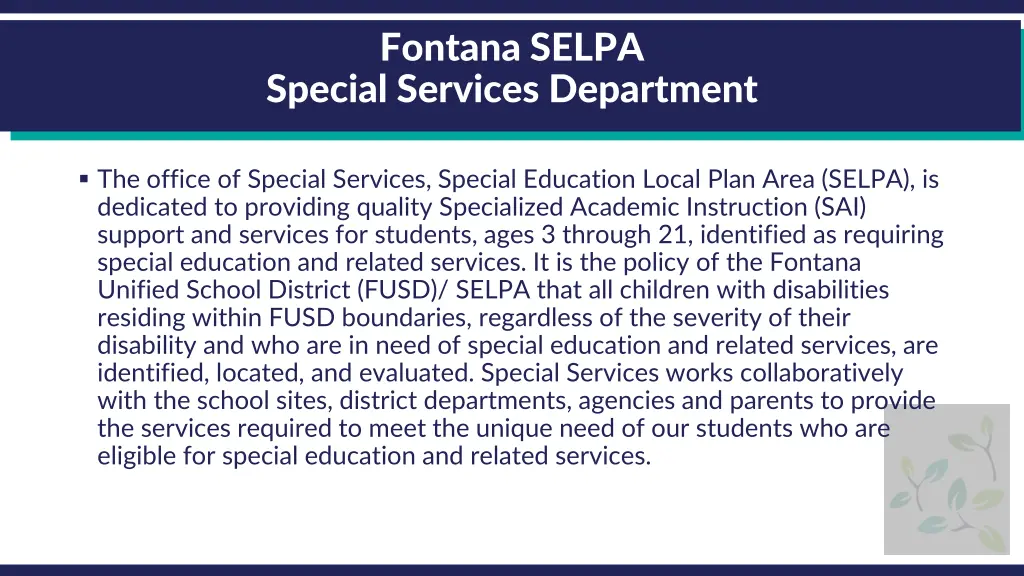 fontana selpa special services department