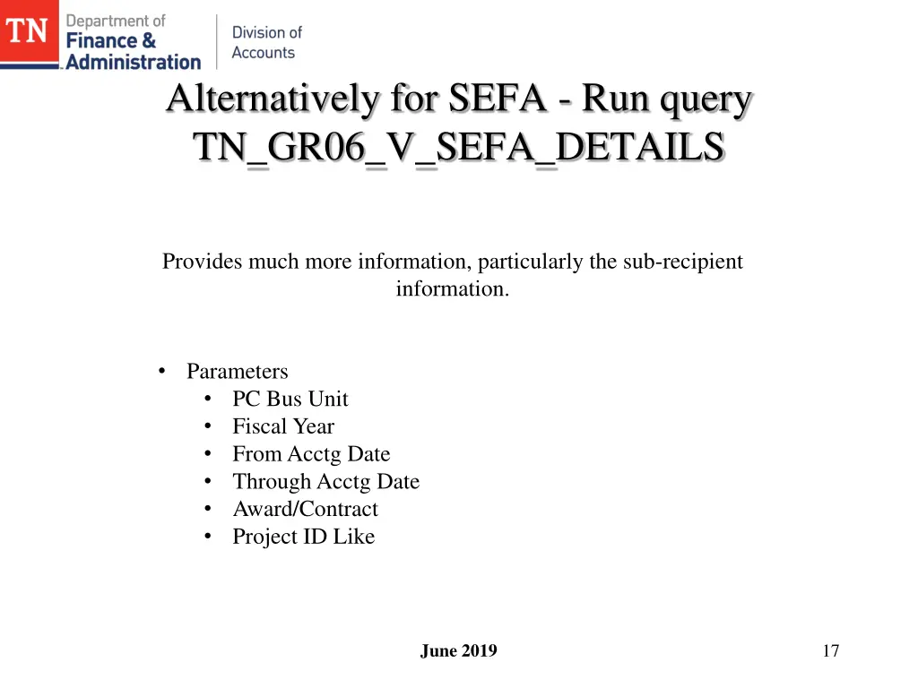 alternatively for sefa run query tn gr06 v sefa