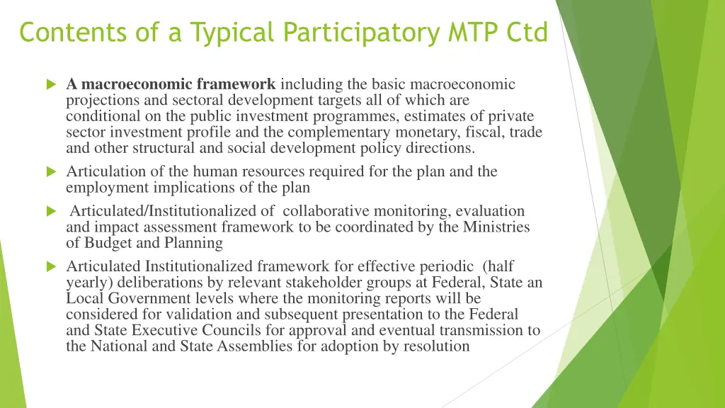 contents of a typical participatory mtp ctd