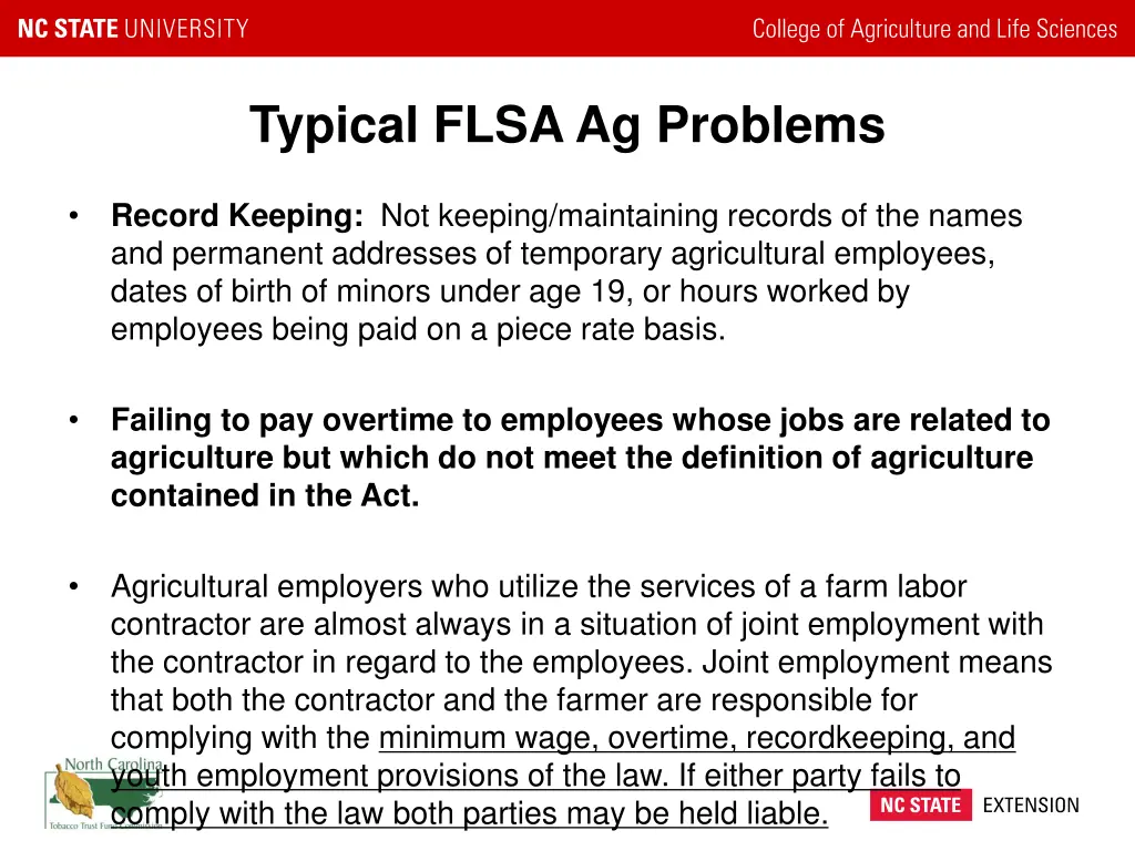 typical flsa ag problems