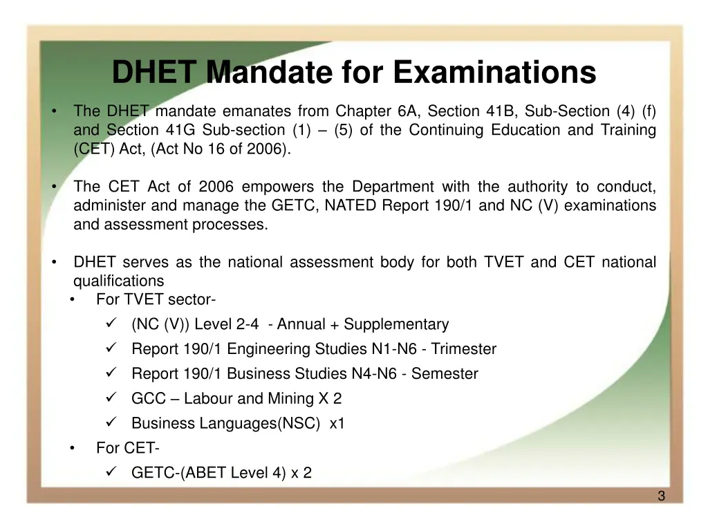 dhet mandate for examinations