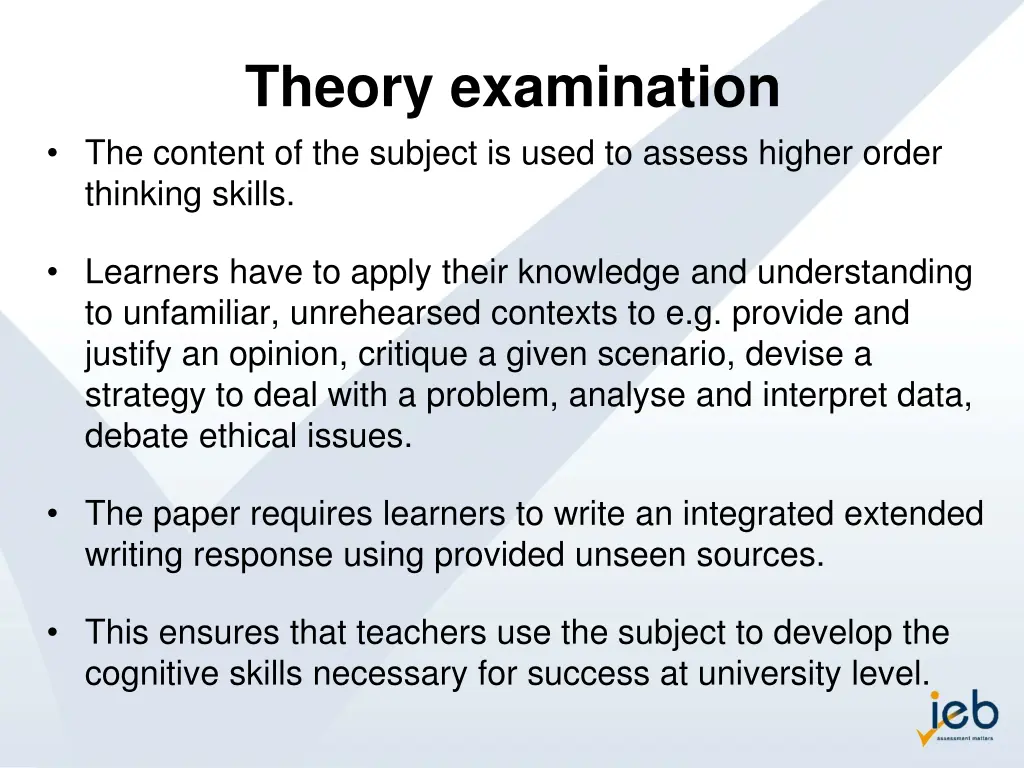 theory examination the content of the subject