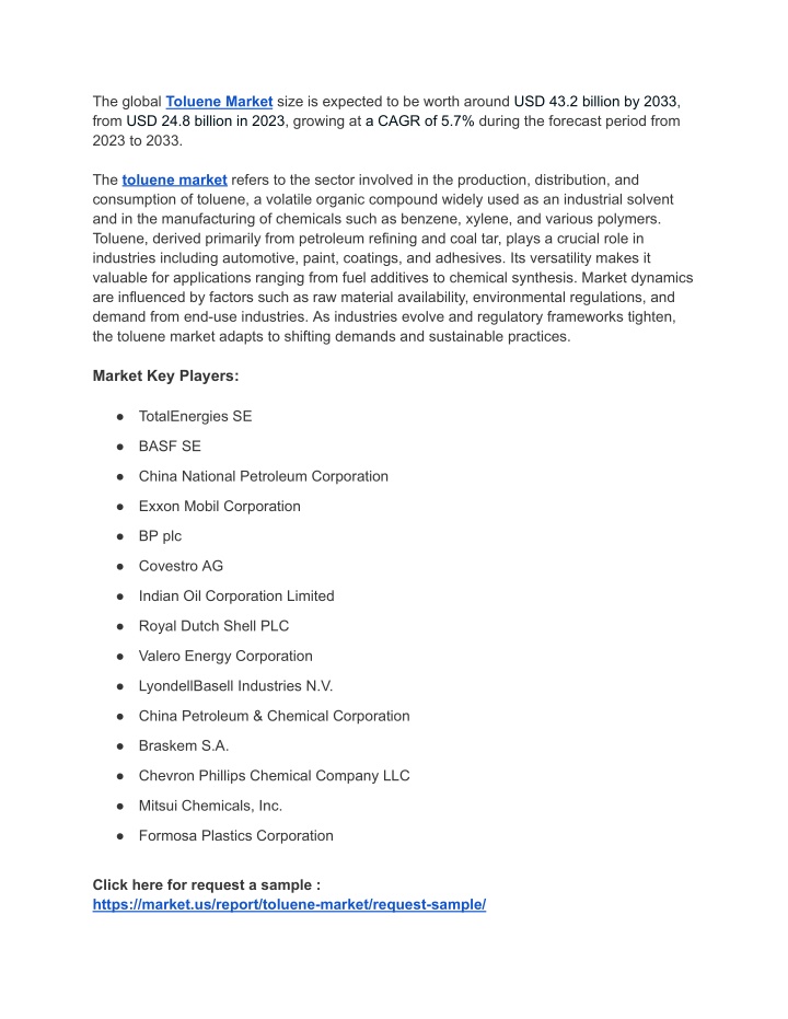 the global toluene market size is expected