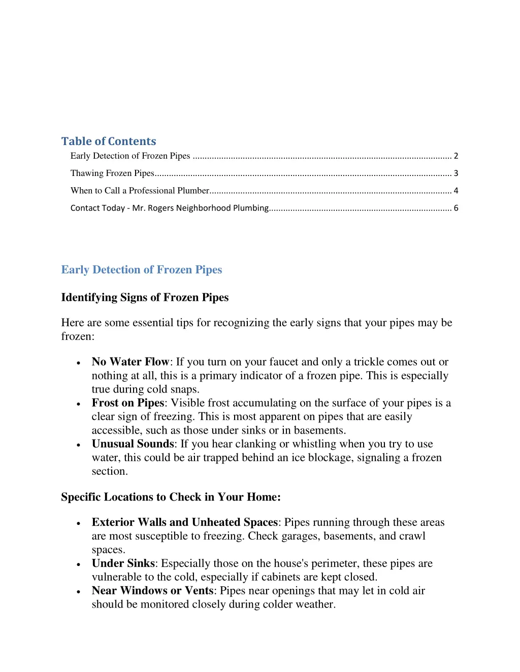 table of contents early detection of frozen pipes