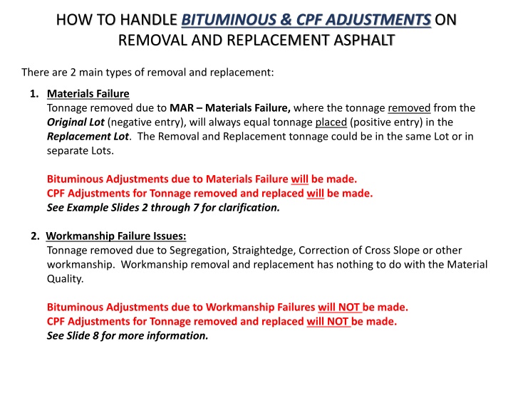 how to handle bituminous cpf adjustments