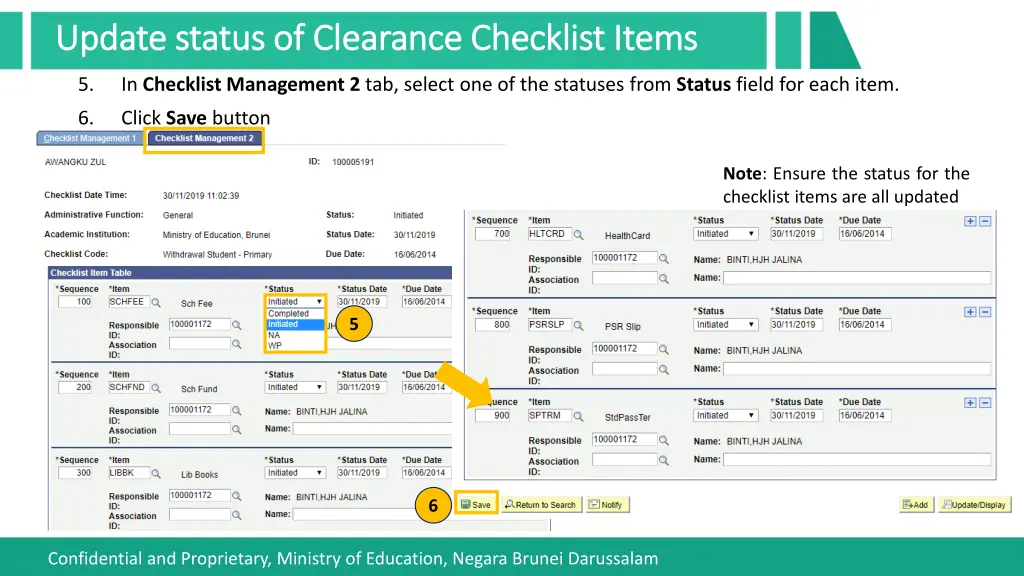 update status of clearance checklist items update 2