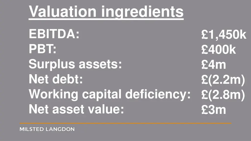 valuation ingredients ebitda pbt surplus assets