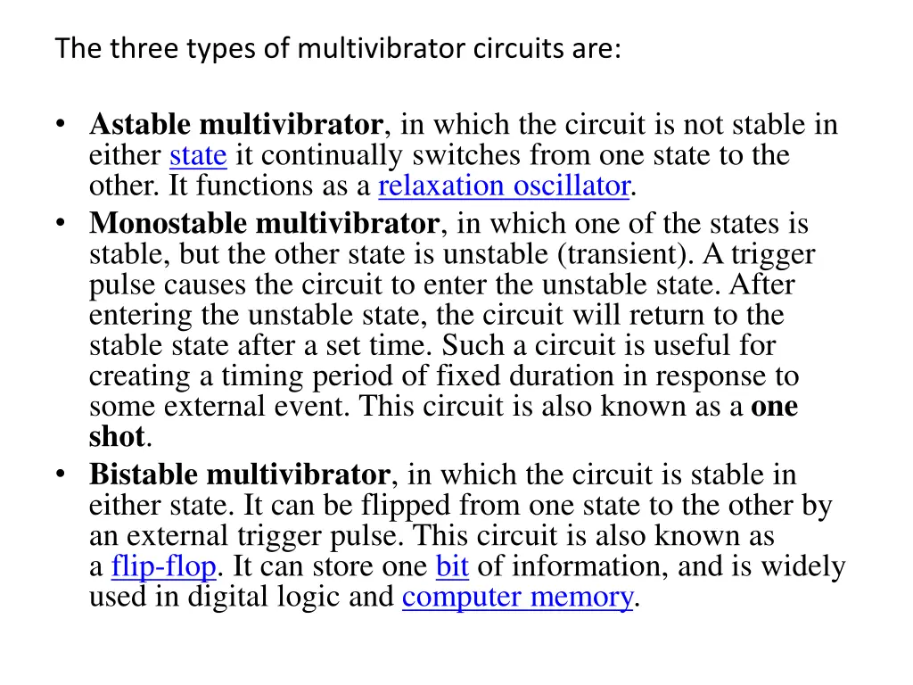 the three types of multivibrator circuits are