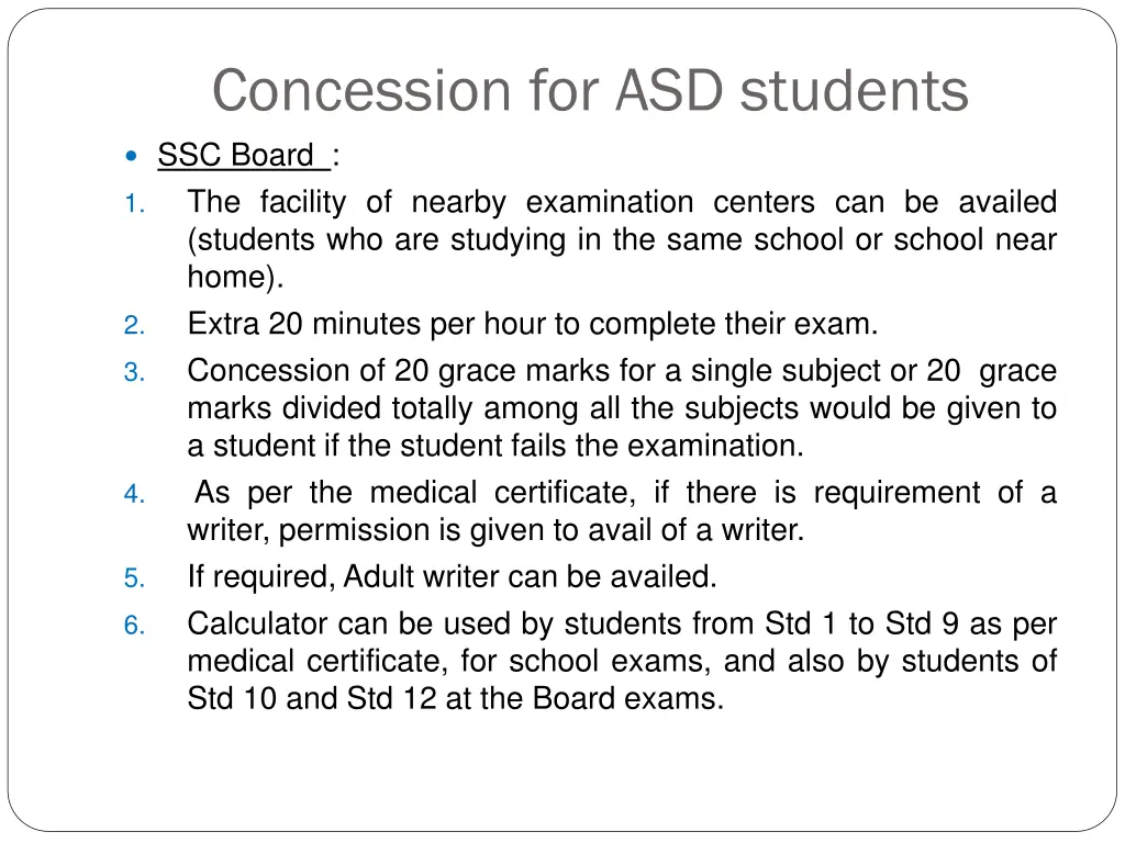 concession for asd students ssc board