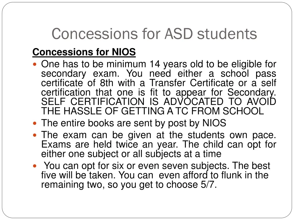 concessions for asd students concessions for nios