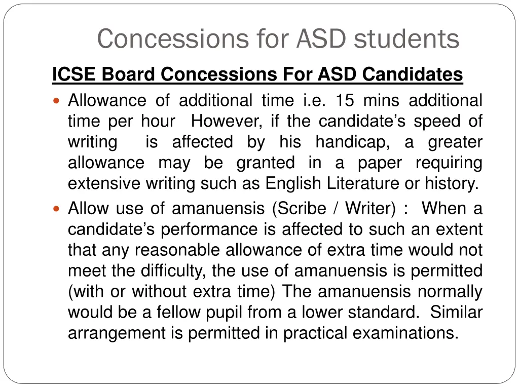 concessions for asd students icse board