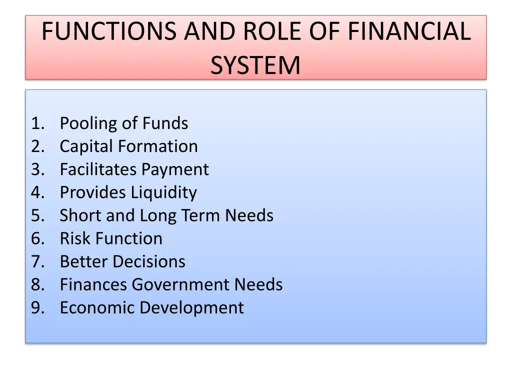 functions and role of financial system