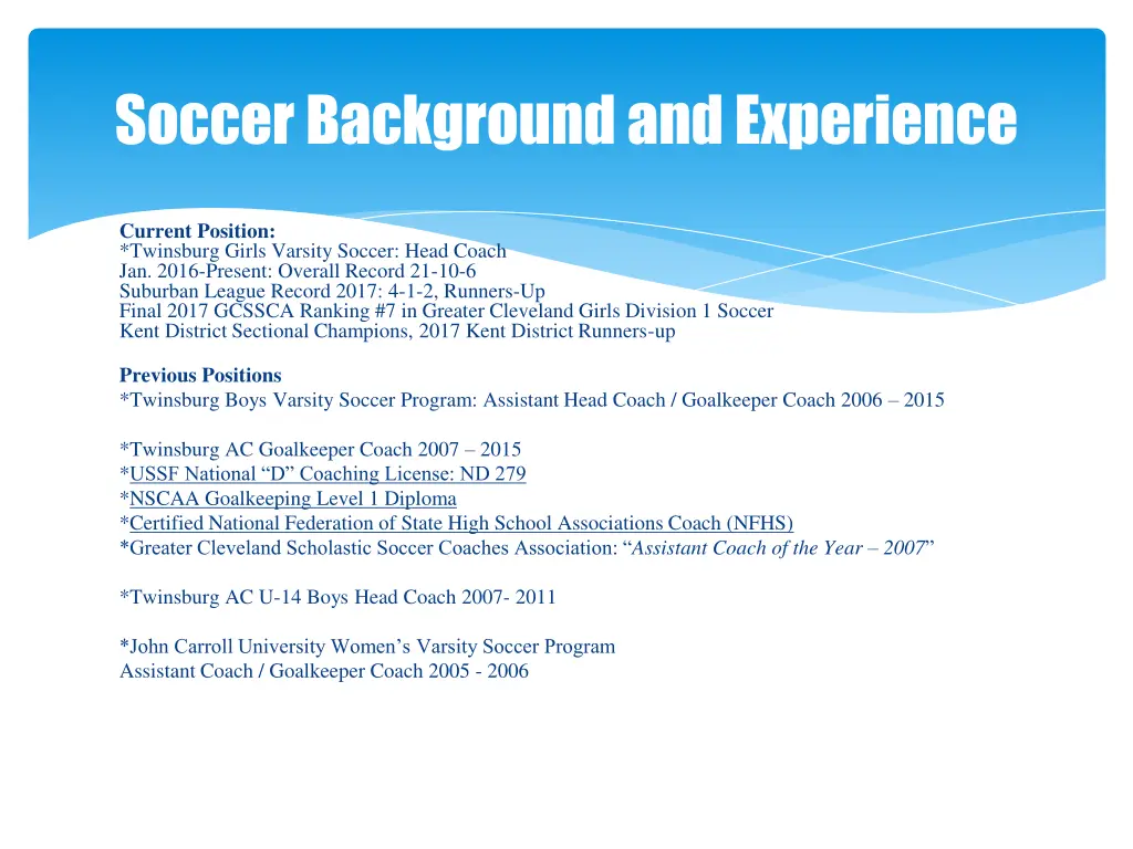 soccer background and experience