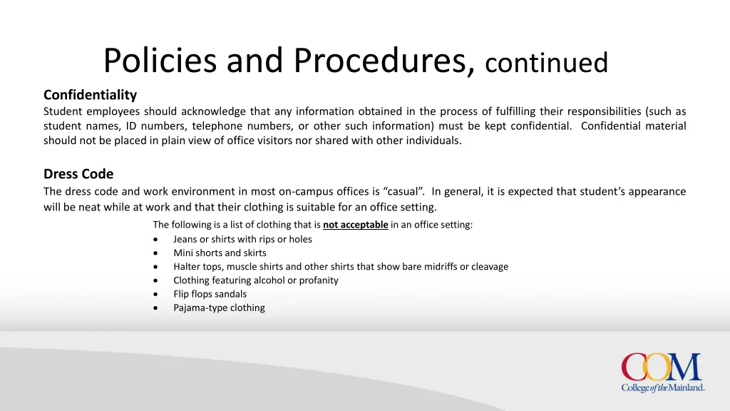 policies and procedures continued confidentiality