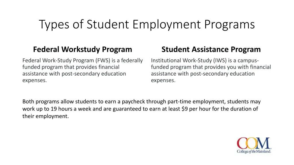 types of student employment programs