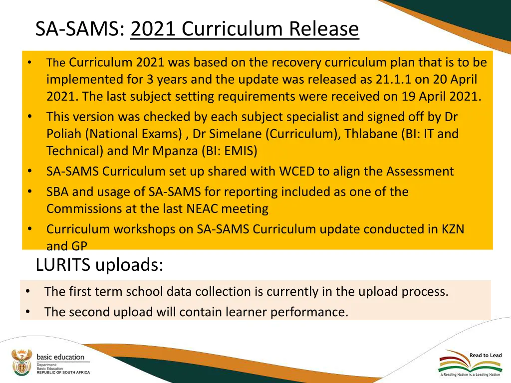 sa sams 2021 curriculum release