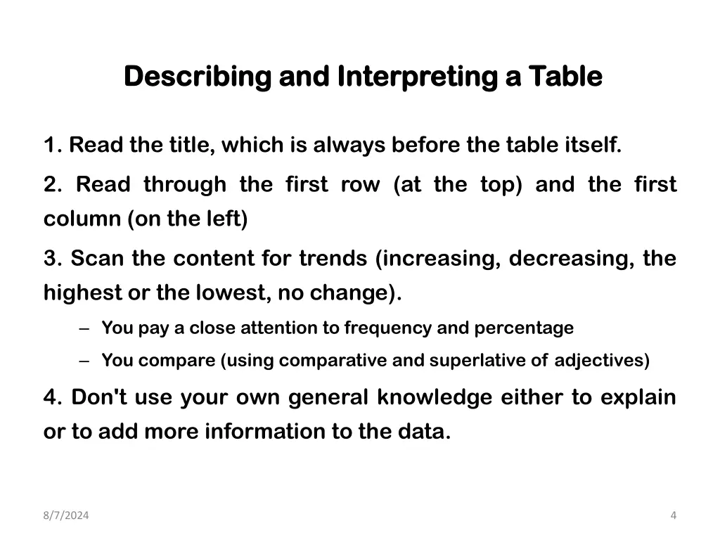 describing and interpreting a table describing