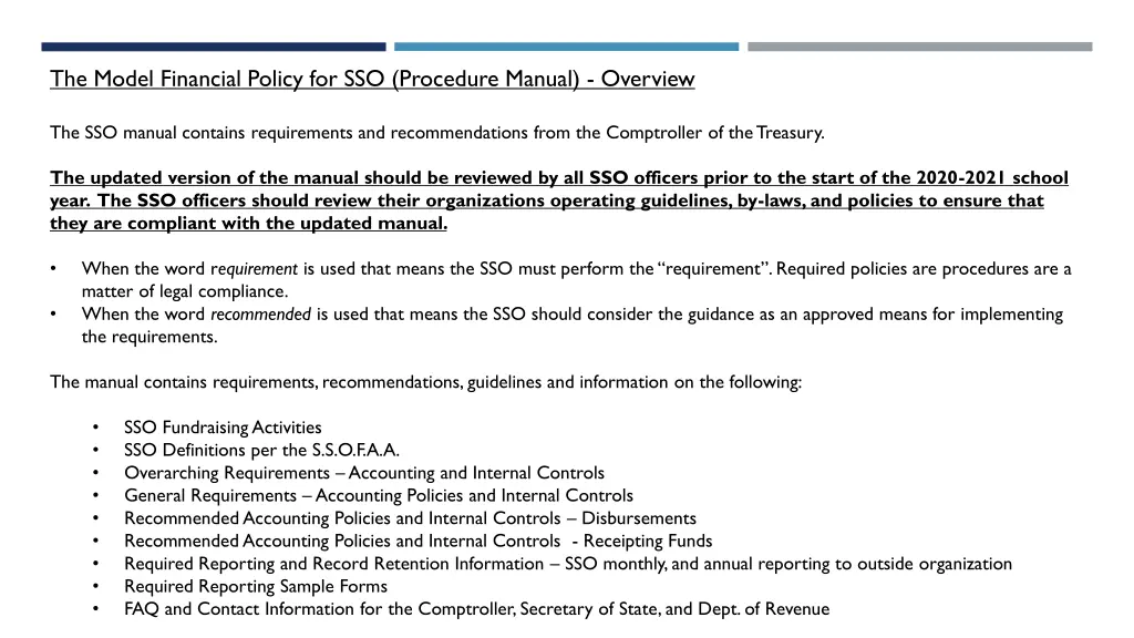 the model financial policy for sso procedure