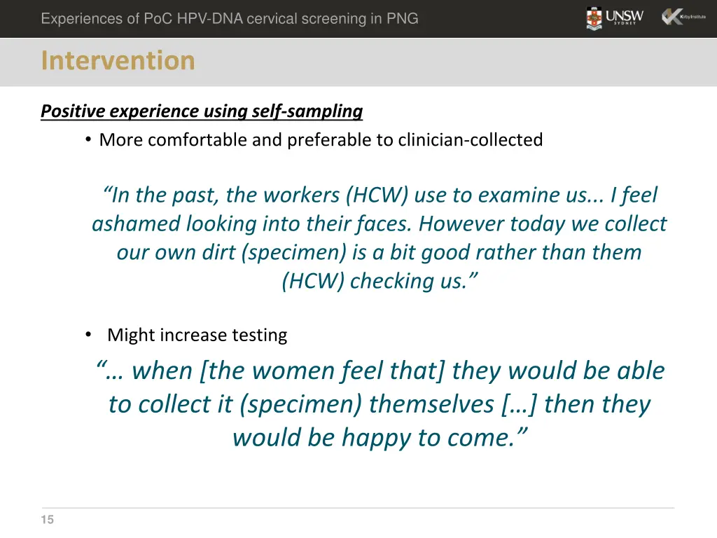 experiences of poc hpv dna cervical screening 13