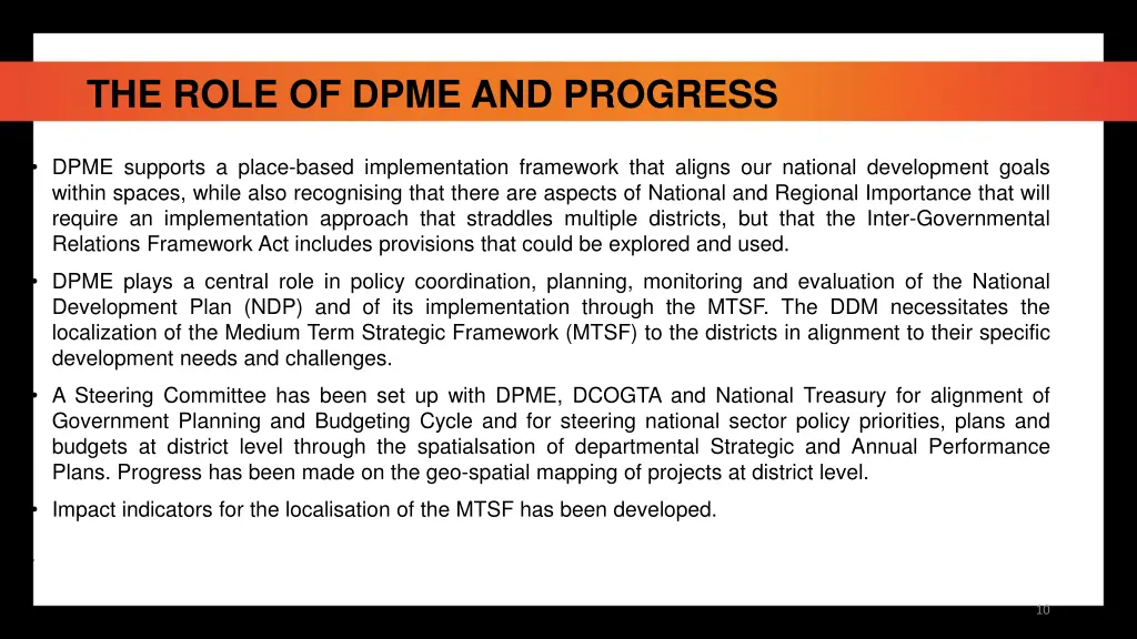 the role of dpme and progress