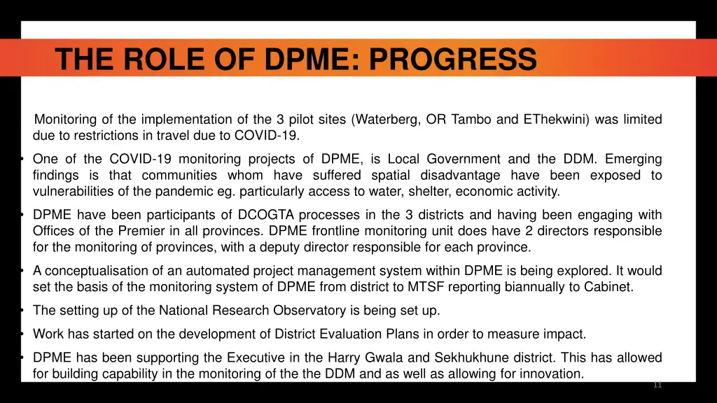 the role of dpme progress