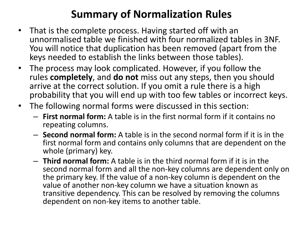 summary of normalization rules that