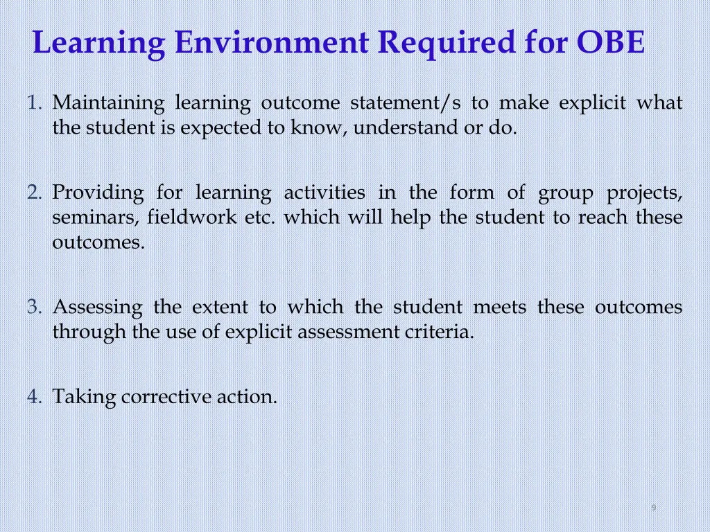 learning environment required for obe