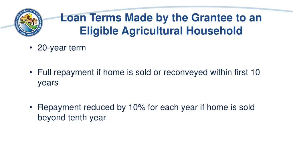 loan terms made by the grantee to an eligible