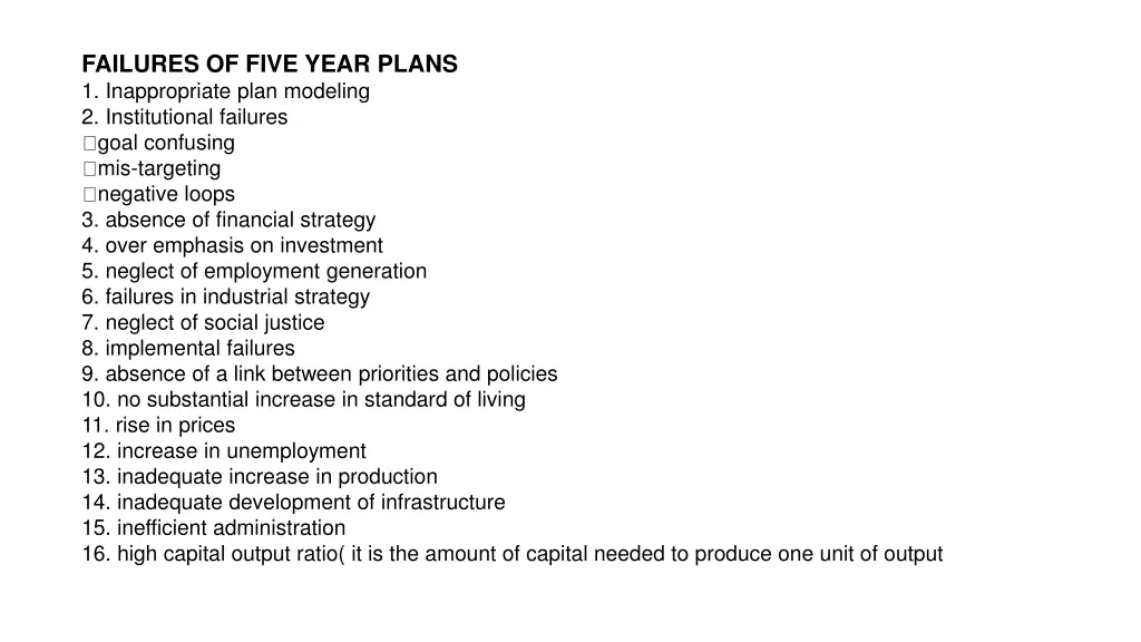 failures of five year plans 1 inappropriate plan