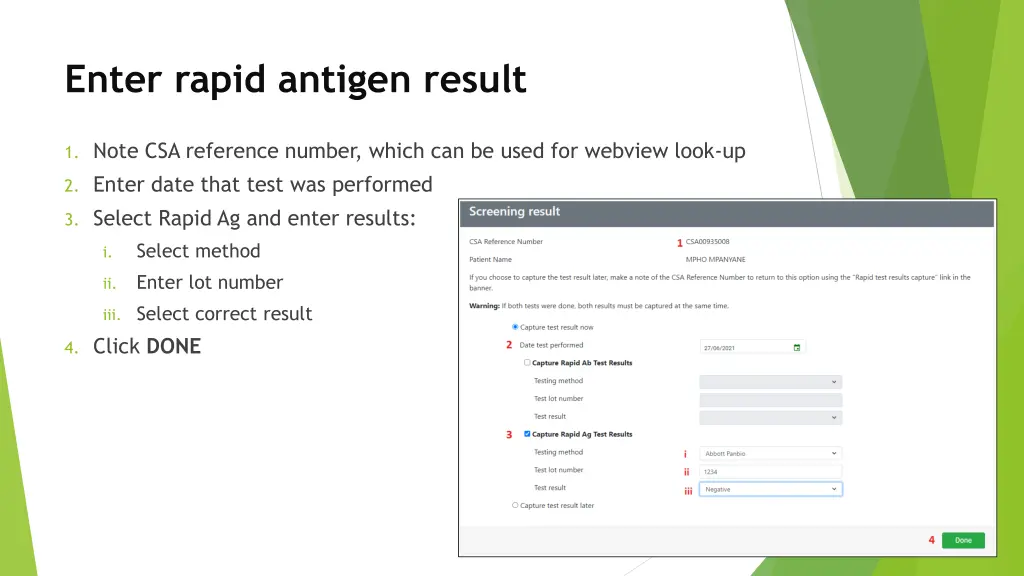 enter rapid antigen result