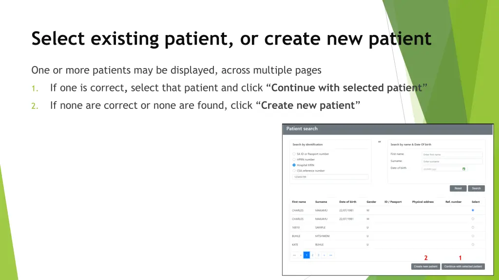 select existing patient or create new patient