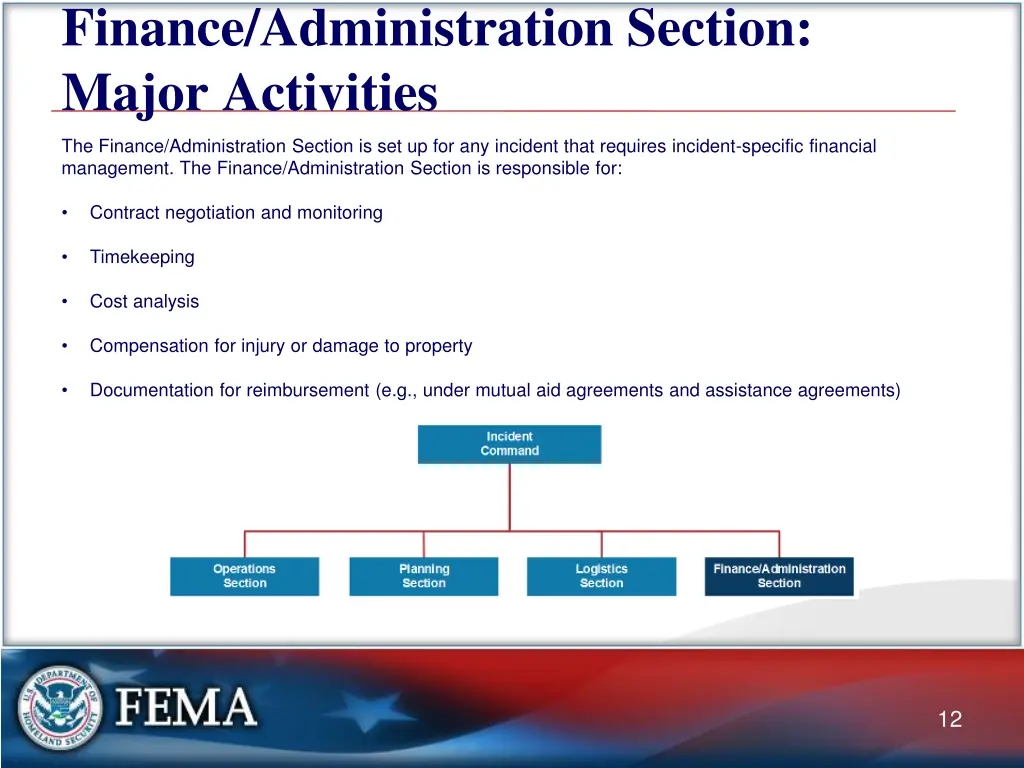 finance administration section major activities