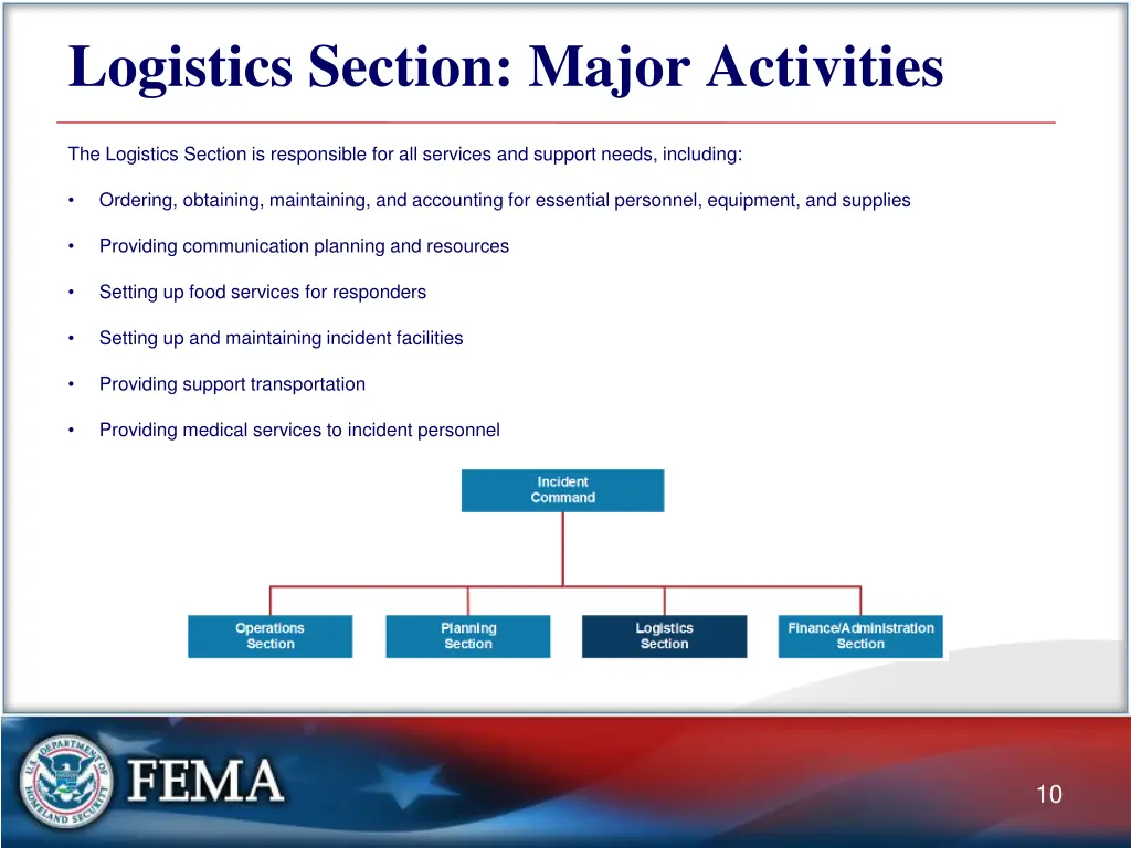 logistics section major activities