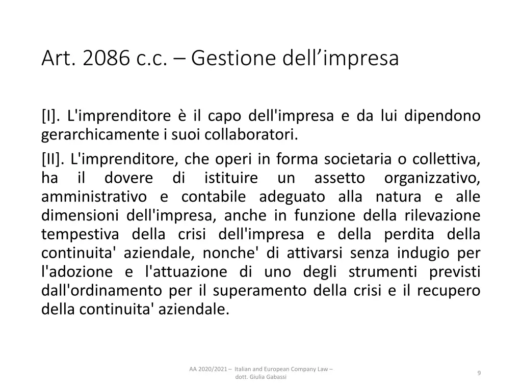 art 2086 c c gestione dell impresa