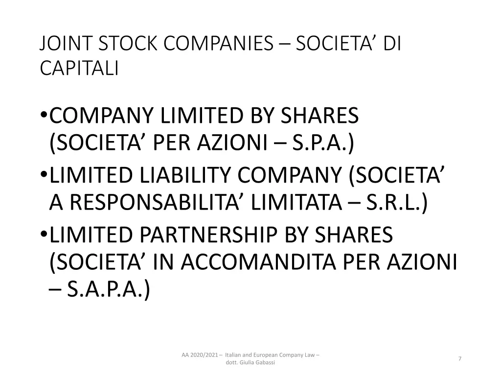 joint stock companies societa di capitali