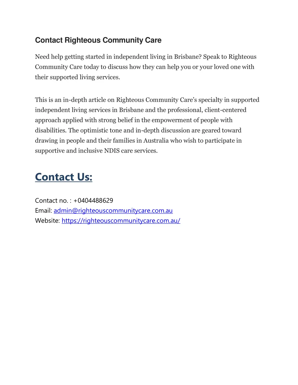 contact righteous community care