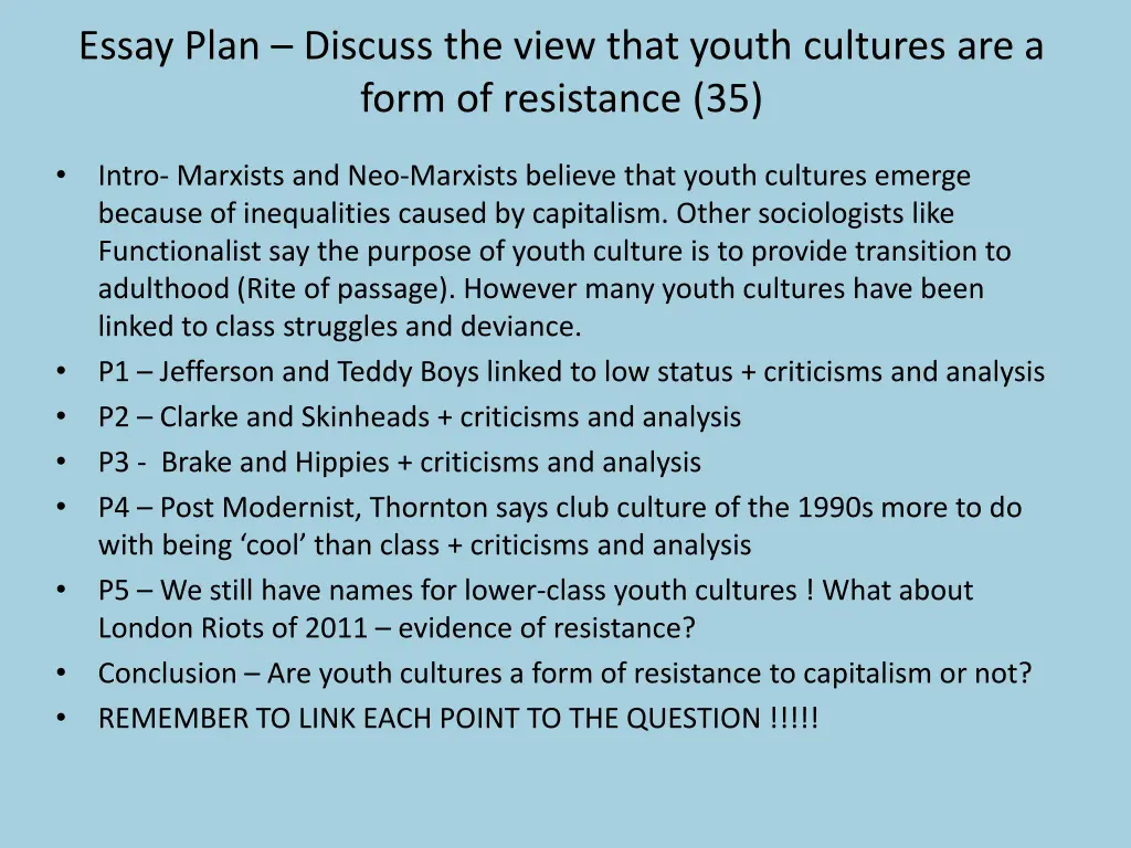 essay plan discuss the view that youth cultures