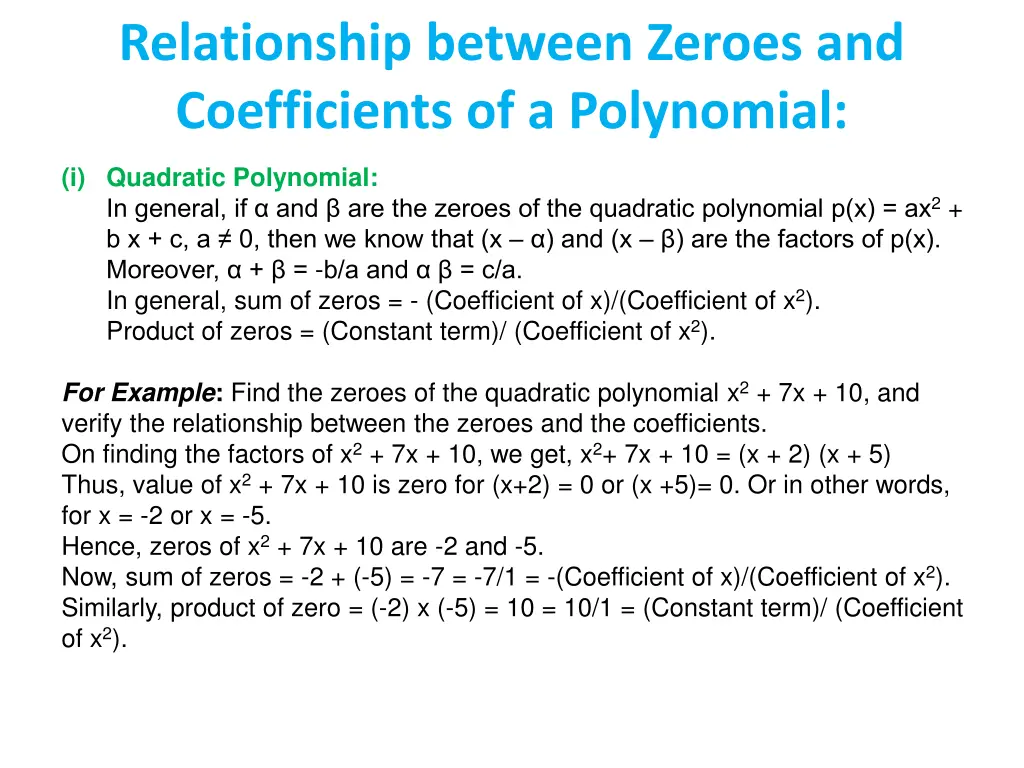 relationship between zeroes and coefficients