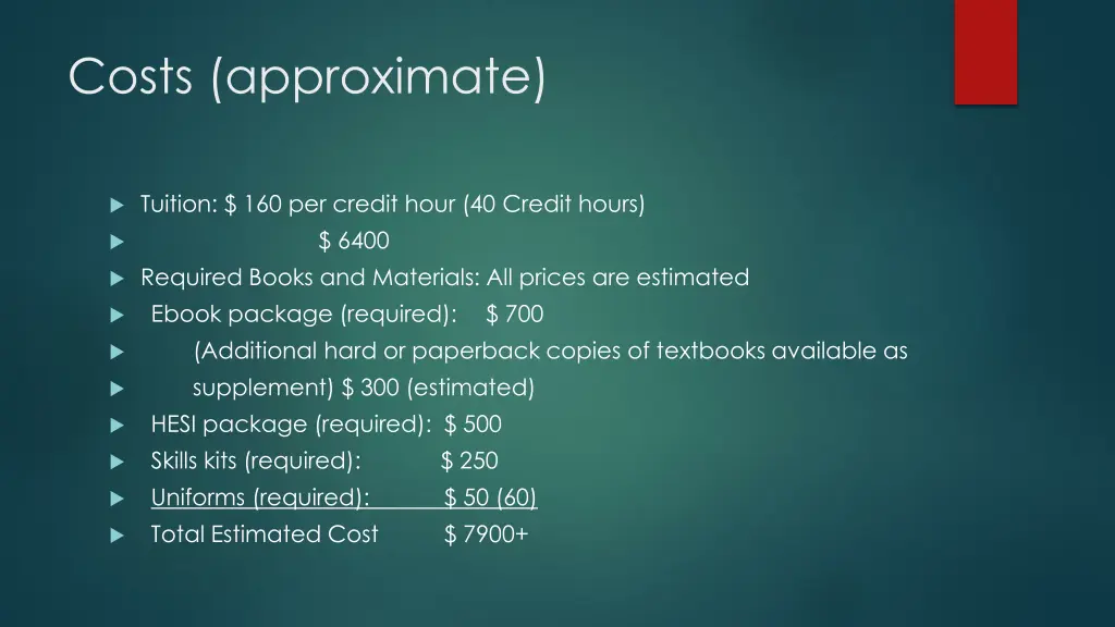 costs approximate