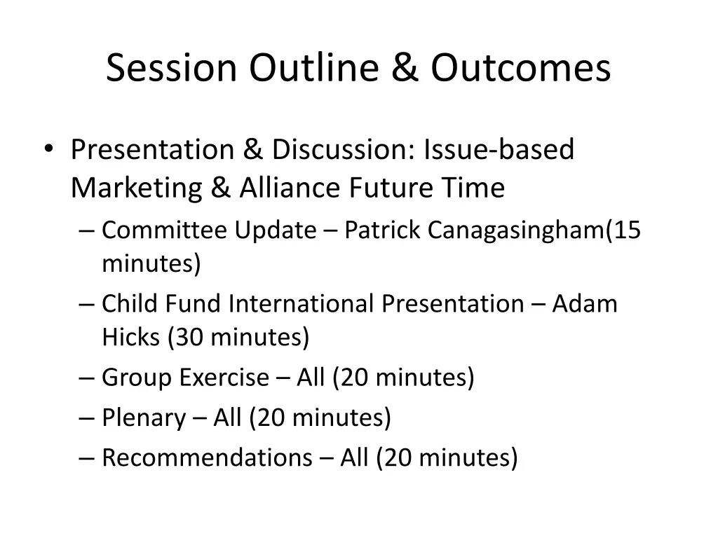 session outline outcomes