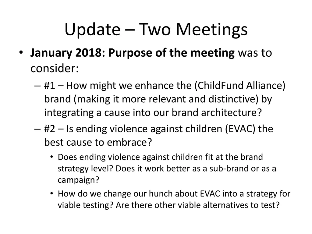 update two meetings january 2018 purpose