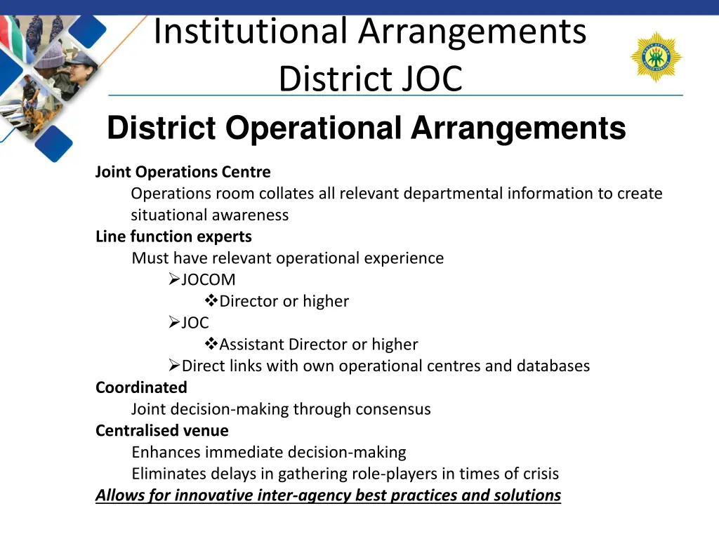 institutional arrangements district joc district 1