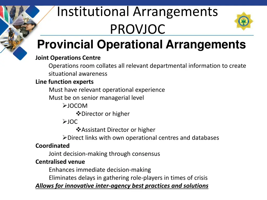 institutional arrangements provjoc provincial 1