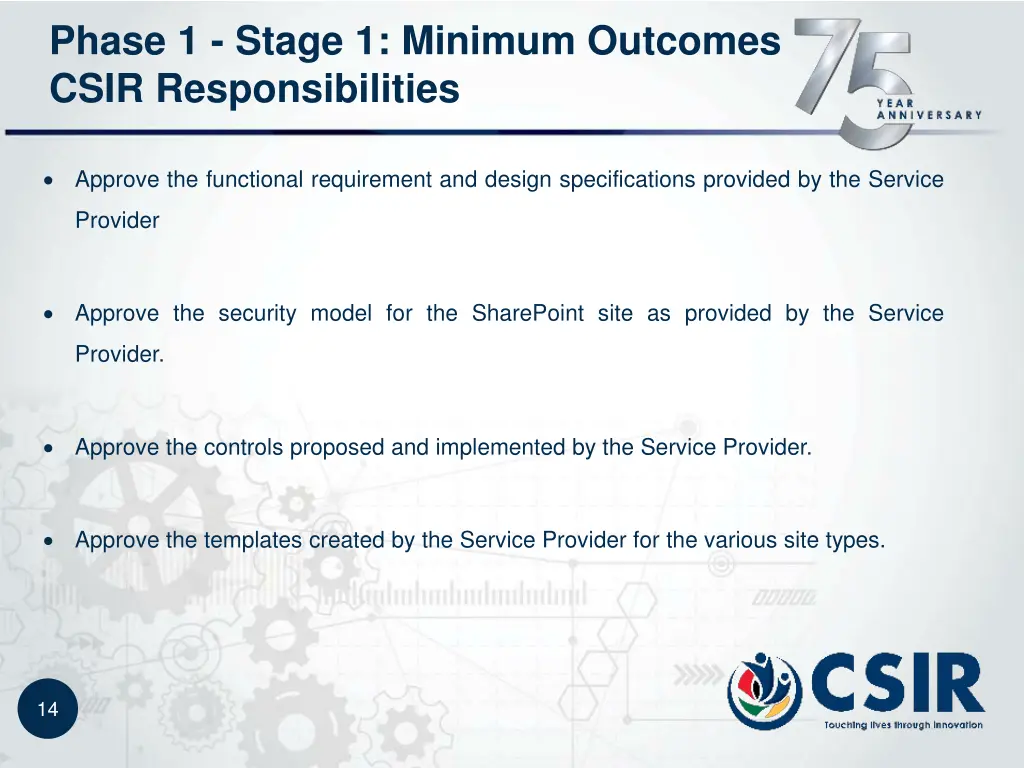 phase 1 stage 1 minimum outcomes csir