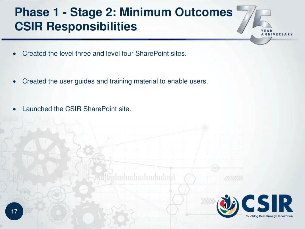 phase 1 stage 2 minimum outcomes csir