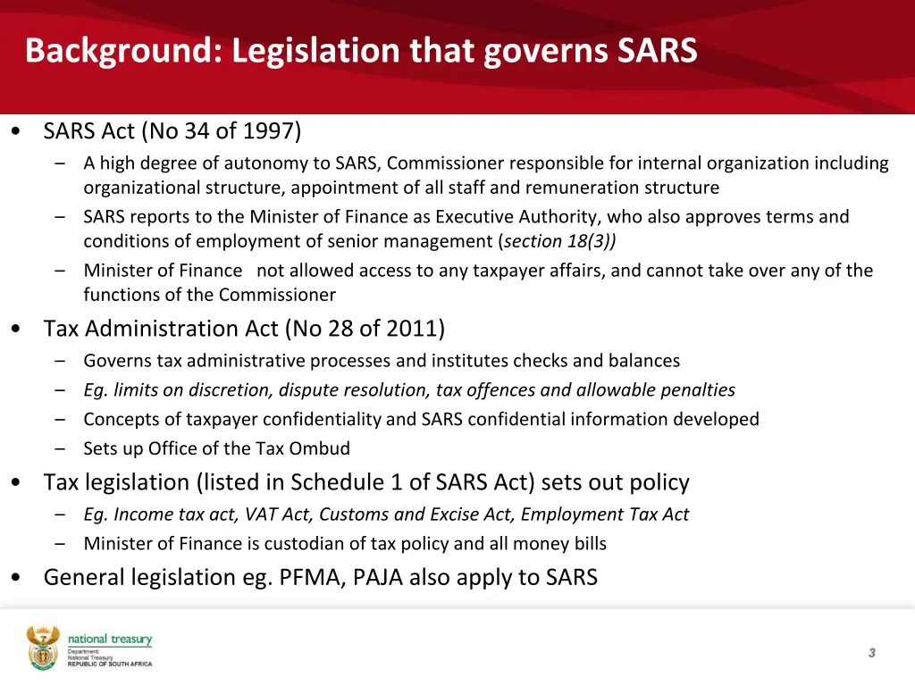 background legislation that governs sars