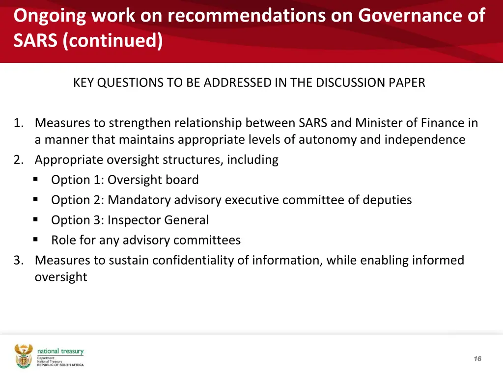 ongoing work on recommendations on governance