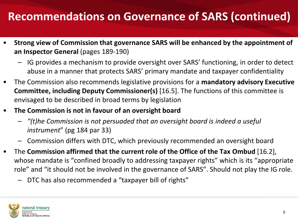 recommendations on governance of sars continued