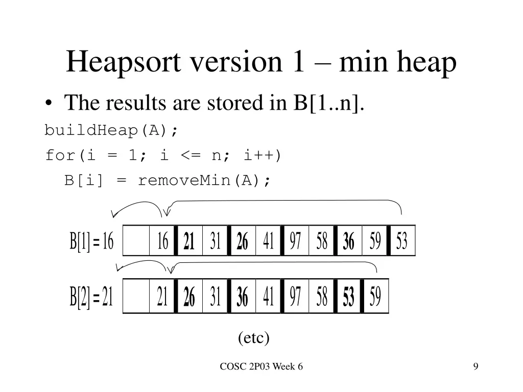 heapsort version 1 min heap the results