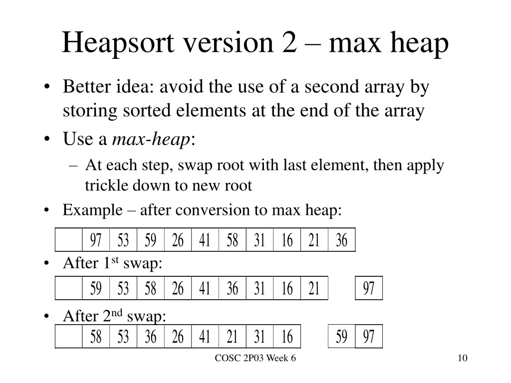 heapsort version 2 max heap